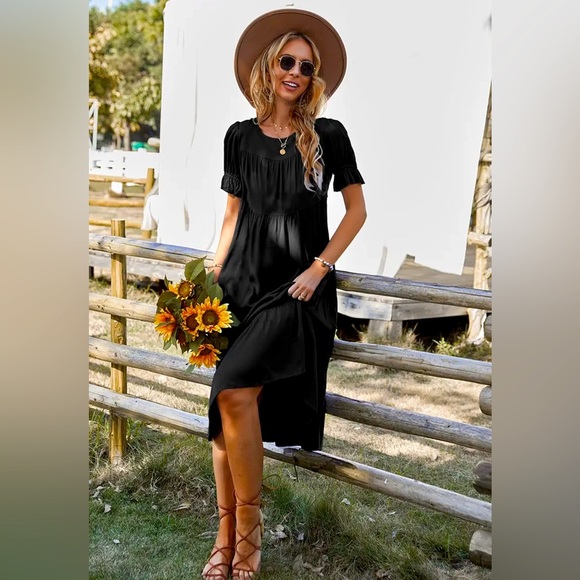 NWT Black NWT Short sleeves Solid Ruffled Casual Short Dress Round neck - Picture 1 of 3